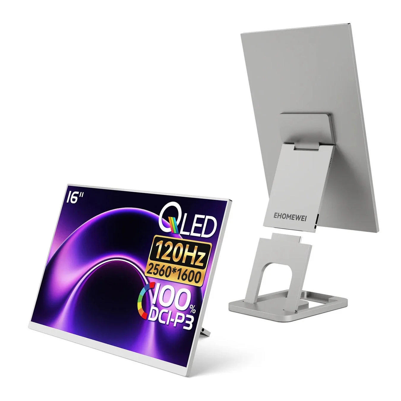 銀色のポータブルQLEDモニターが、前面と背面から表示されています。16インチ、120Hz、2560x1600解像度、100% DCI-P3の色域を持つ高性能ディスプレイです。