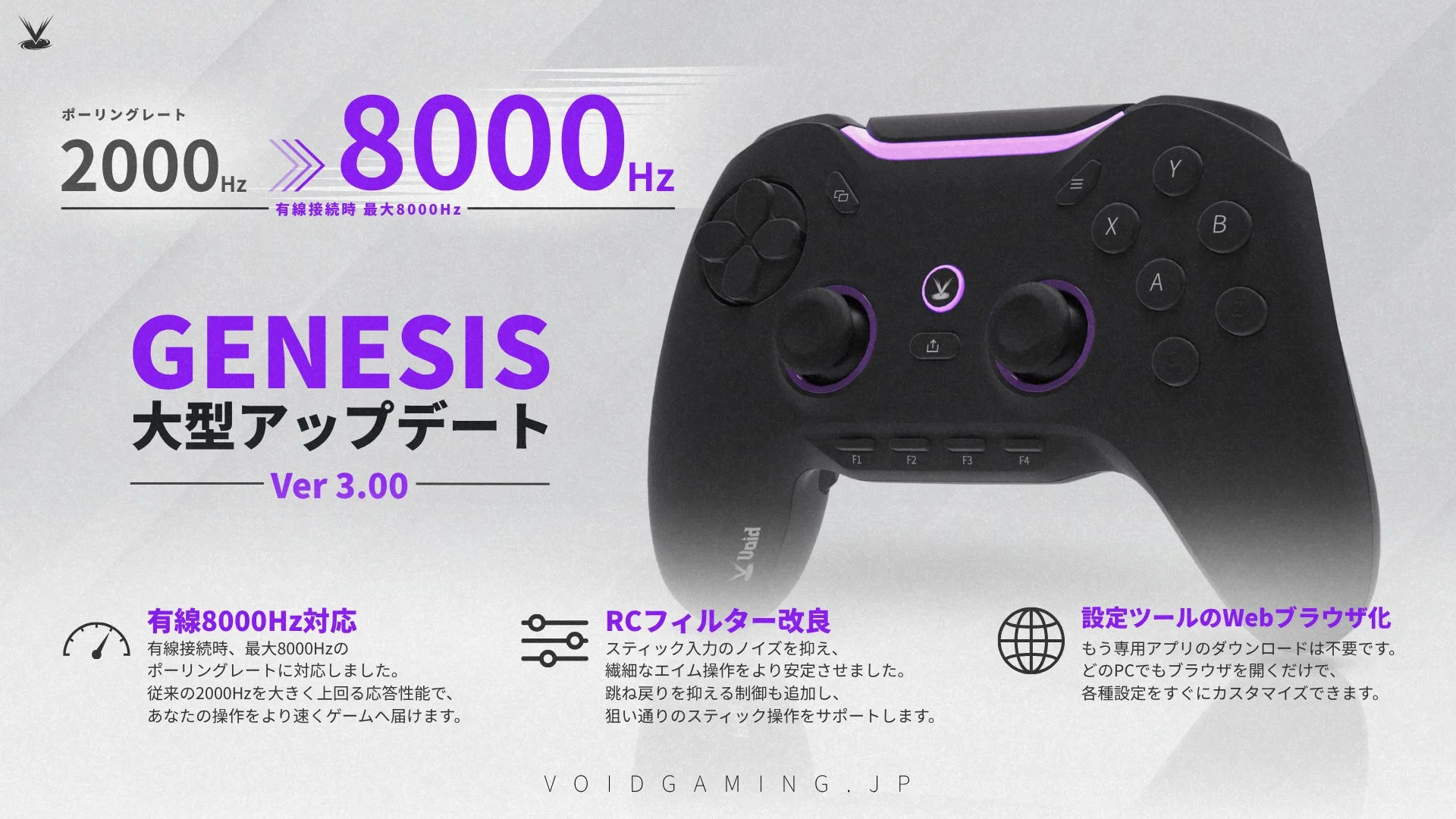 日本発ゲーミングコントローラー「Void GENESIS」が有線8000Hzに対応する大型アップデートv3.00を配信開始!