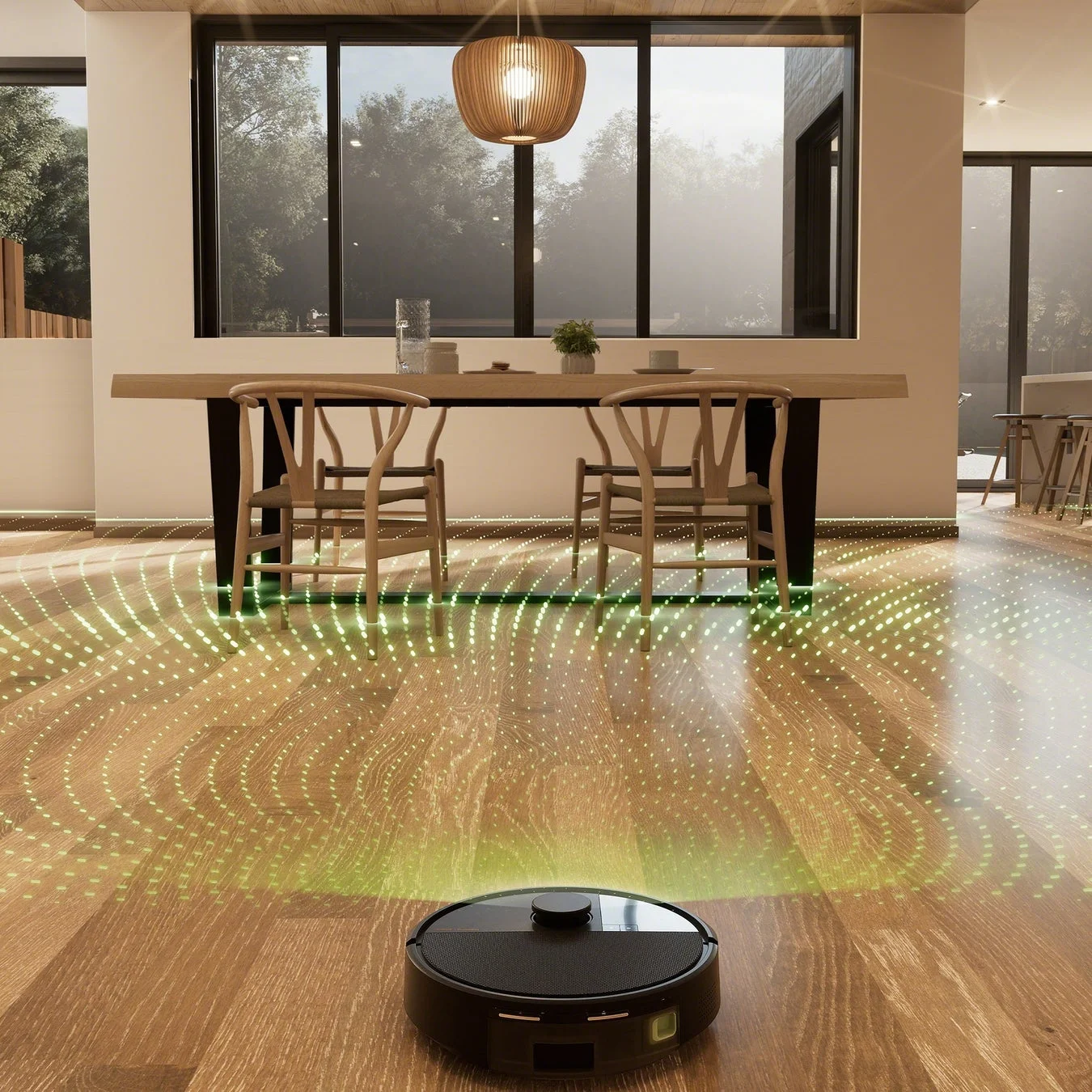 現代的なリビングダイニングで、ロボット掃除機がフローリングを掃除している様子。床にはロボットのナビゲーションを示す緑色の光のパターンが広がっている。