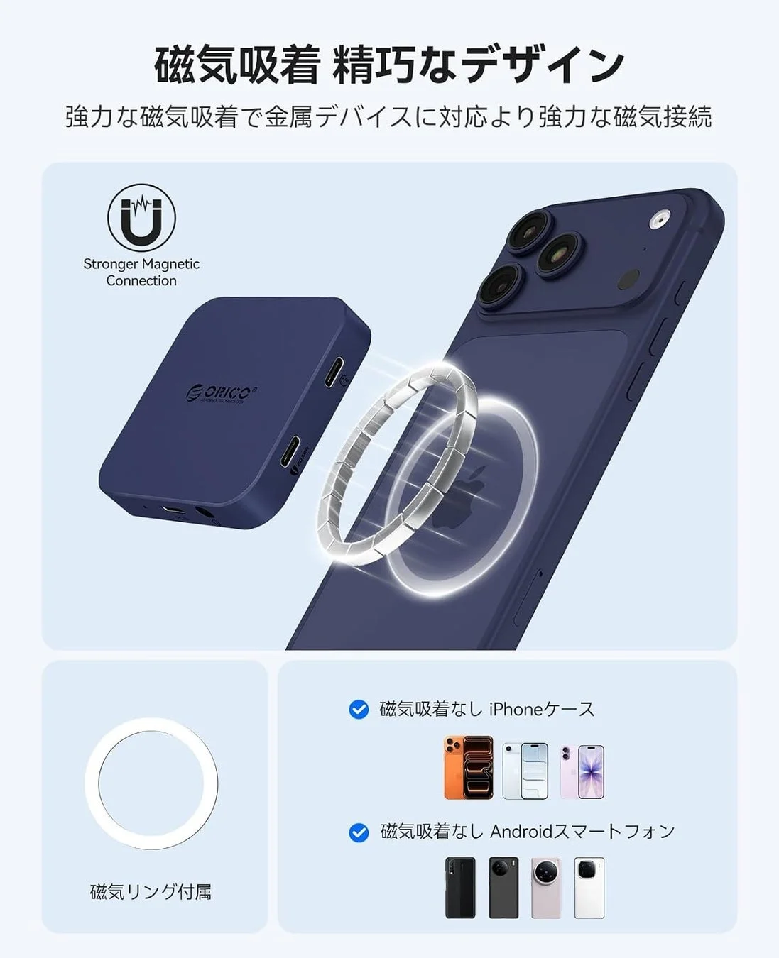 ORICO製の磁気吸着式モバイルバッテリーがiPhoneに装着されている様子