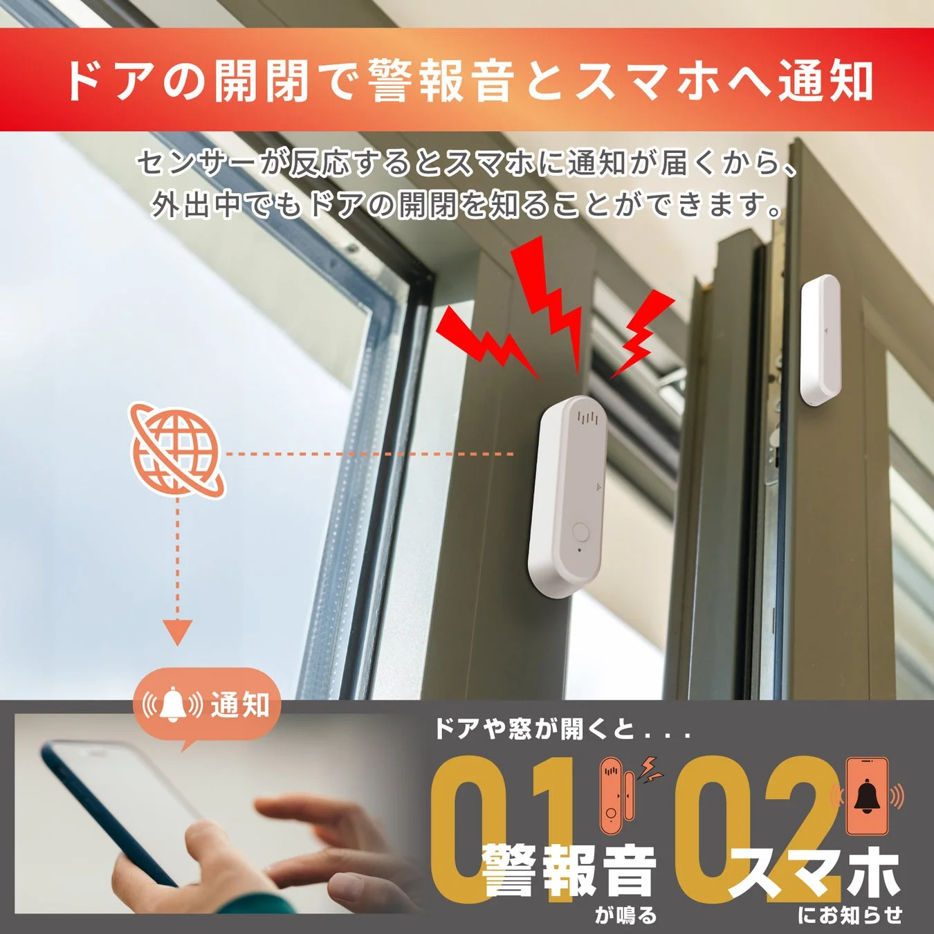 ドアの開閉で警報音とスマホへ通知