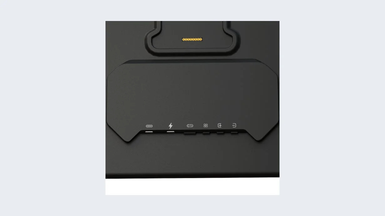 黒い電子機器の接続ポートと機能を示すアイコン