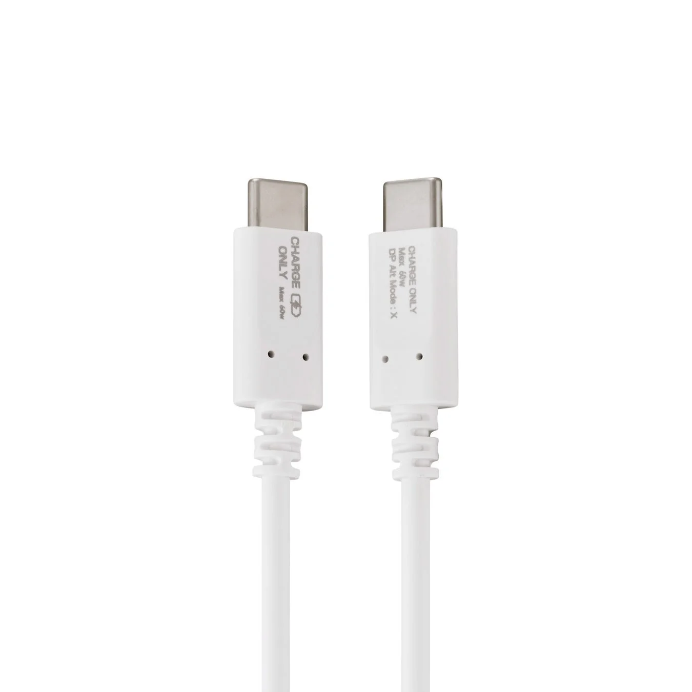 白いUSB-C充電ケーブルが2本写っており、最大60Wの充電専用で、DP Alt Modeには非対応であることが明記されています