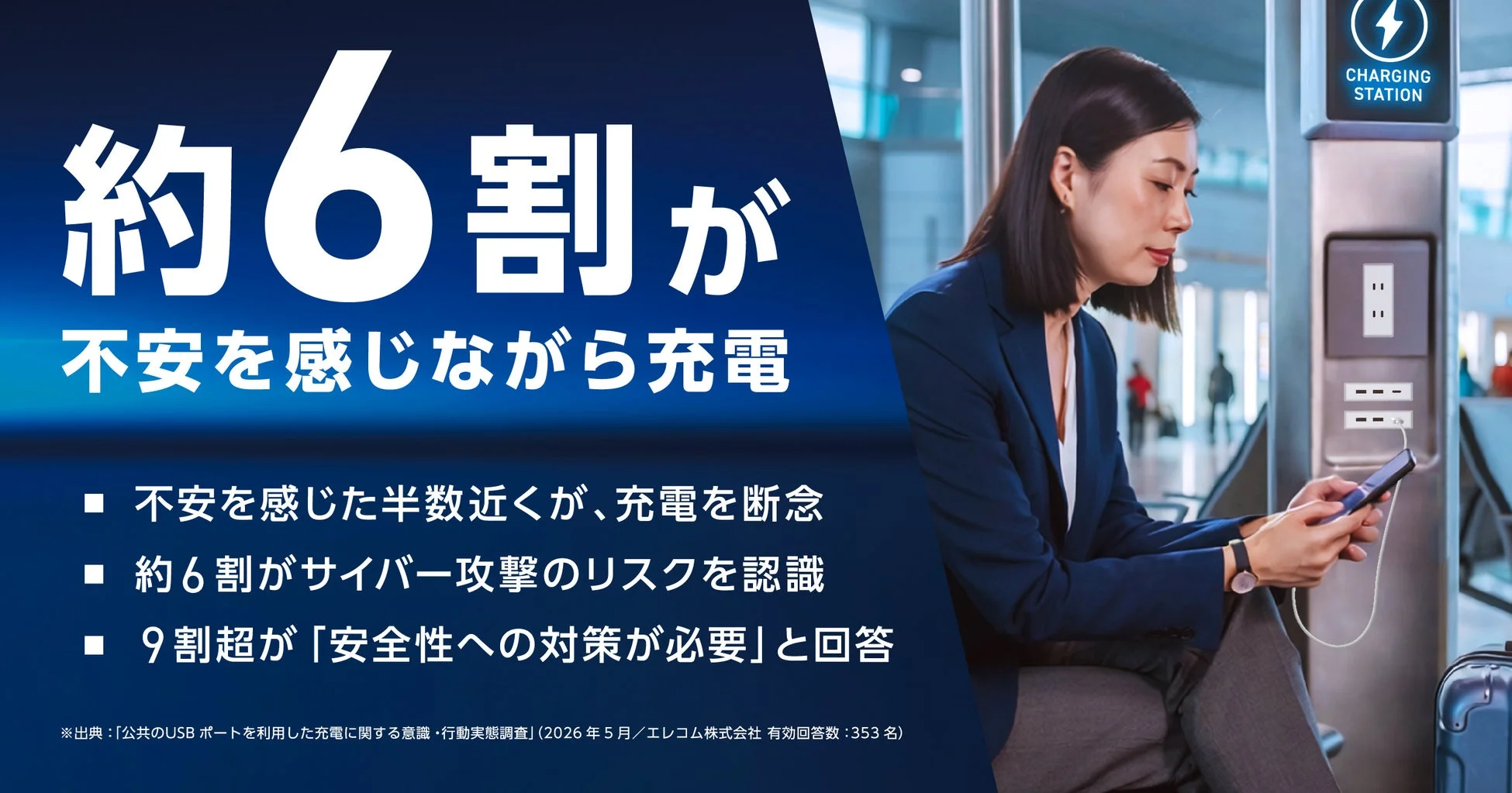 公共USB充電の不安を解消!エレコムからサイバー攻撃対策の「あんしん充電専用ケーブル」が新登場