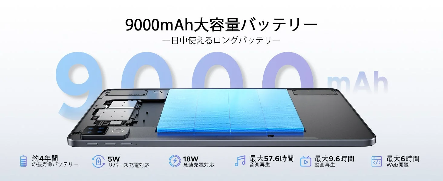 9000mAh大容量バッテリーと充電