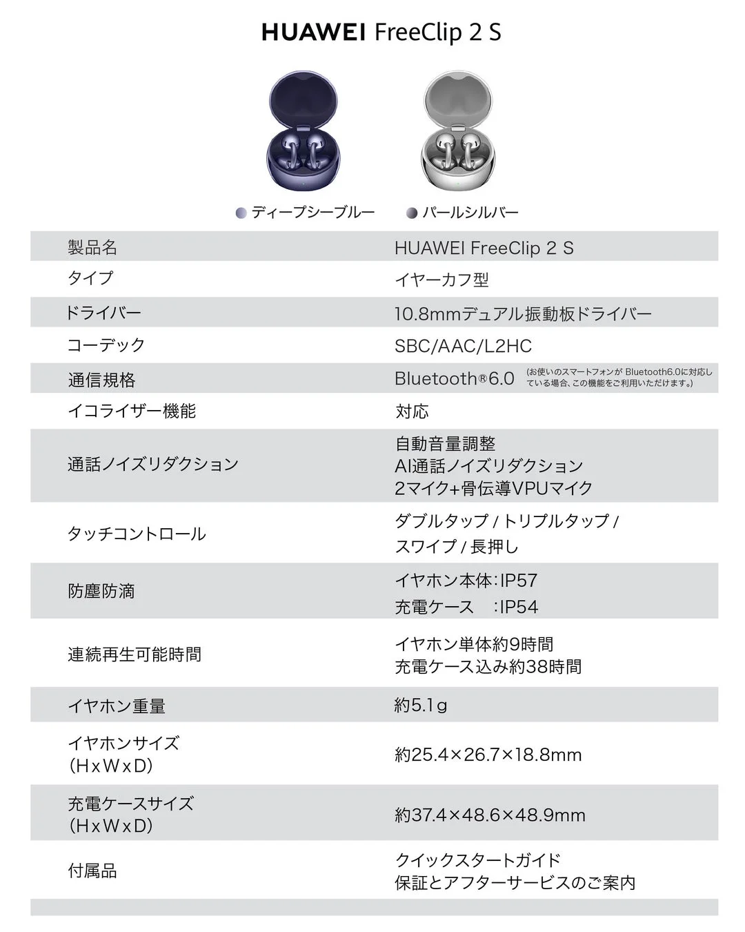 HUAWEI FreeClip 2 Sの製品仕様表