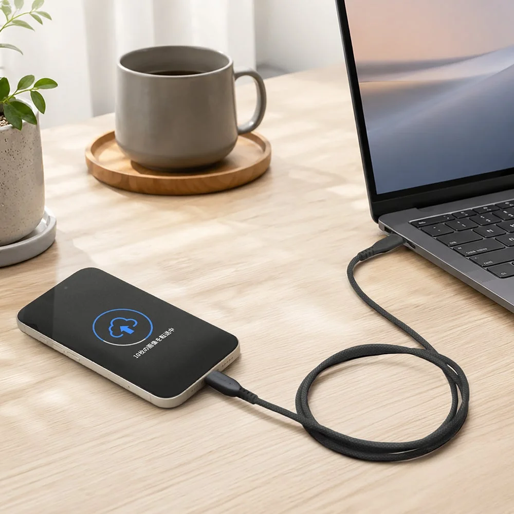 データ転送中のスマートフォンとノートPC
