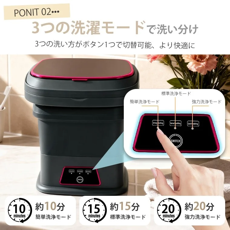 折りたたみ式のミニ洗濯機「PONIT 02」を紹介する画像。3つの洗濯モード(簡単、標準、強力)をボタン一つで切り替え可能で、それぞれ約10分、15分、20分の洗浄時間で快適に洗い分けできることをアピールしている。