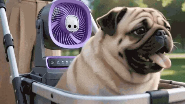 ペットカートに乗ったパグ犬が、紫色の扇風機で涼んでいます。
