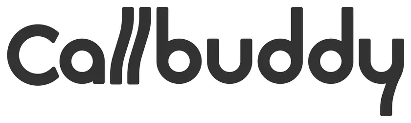「Callbuddy」という文字が書かれたロゴ画像です。モダンなサンセリフ体で、白地に黒い文字がシンプルに配置されています。