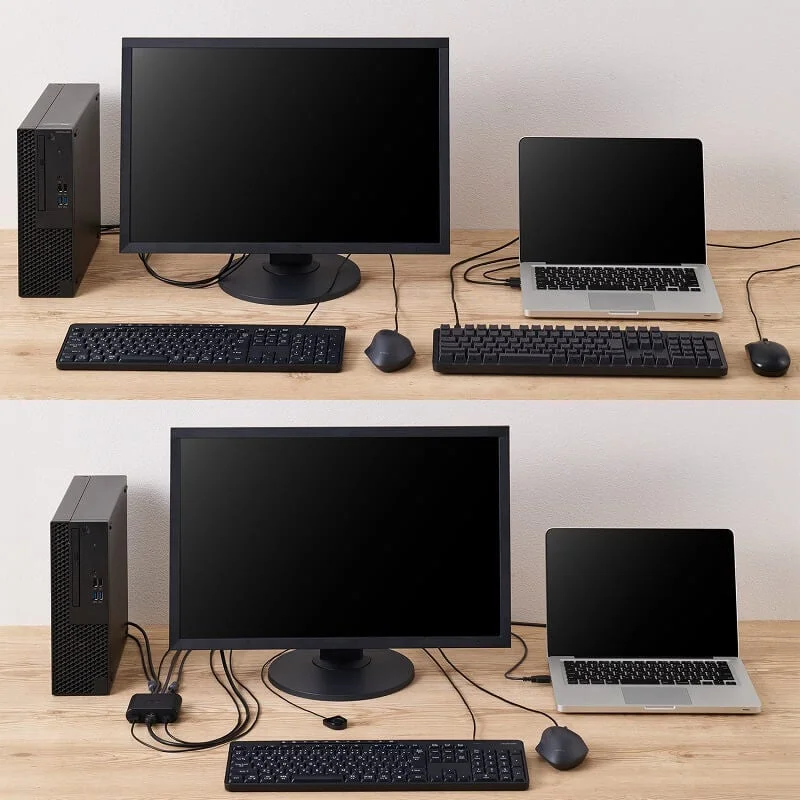 2つの異なるコンピューターセットアップを比較。上段ではデスクトップPCとノートPCがそれぞれ独立した周辺機器を使用しているのに対し、下段ではKVMスイッチを導入し、1組のモニター、キーボード、マウスを両方のPCで切り替えて共有している様子
