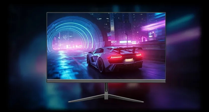 ゲーミングモニターに映し出された、ネオンカラーに輝く未来的なトンネルを走るスポーツカーのレースゲームの様子。
