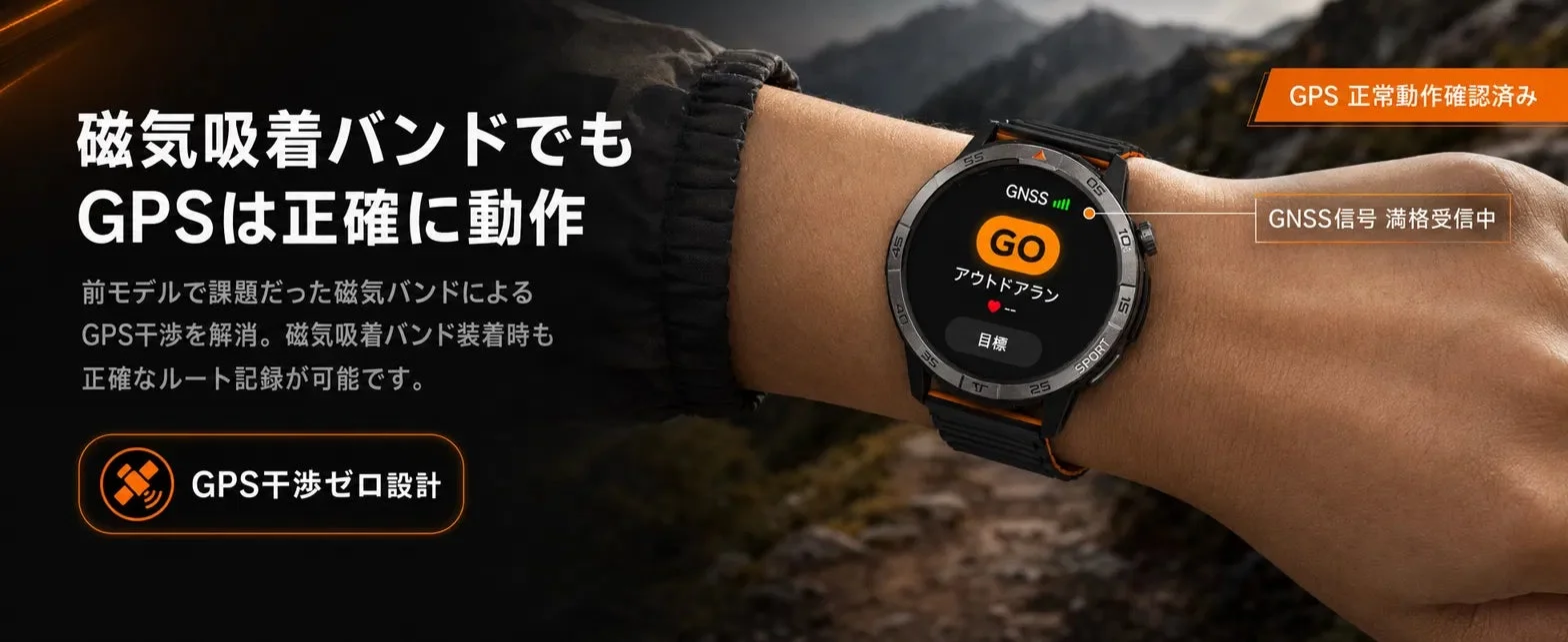 磁気吸着バンド装着時でもGPSが正確に動作することを示す