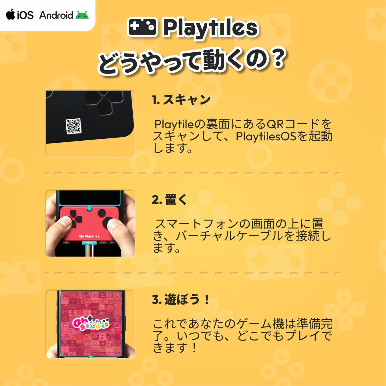Playtilesの使い方が3ステップで説明されています。