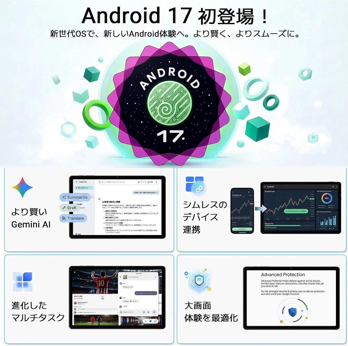 Android 17 初登場!新世代OSで、新しいAndroid体験へ。より賢く、よりスムーズに。ANDROID 17.より賢い Gemini AI新しいチャットSummarizeDraftアイデアTranslateここに質問やプロンプトを入力。クリップAI倫理に関する最新の動向を教えて。AI倫理の動向と課題AI倫理に関するもので、AIの進化に伴い倫理的な問題は常に議論の対象となり、データやAIに関する不安が常に存在します。1. 透明性と説明責任2. 公平性とバイアス3. プライバシーとデータ保護4. 人間の監視AI倫理は今後もさらに進化を続けるでしょう。シームレスの デバイス 連携$555,551.37FinancialFinancial ChartReal time synchronizationContinue work on tabletProgress bar80%進化した マルチタスクチャンピオンズ今のゴールは?はい!いいゴール!この試合、勝ってる!!メッセージ大画面 体験を最適化Advanced ProtectionAdvanced Protection helps defend against online attacks, harmful apps, insecure connections, and other threatsがput your data at risk.For the strongest security & privacy, turn on device protection and also enroll your Google Account.