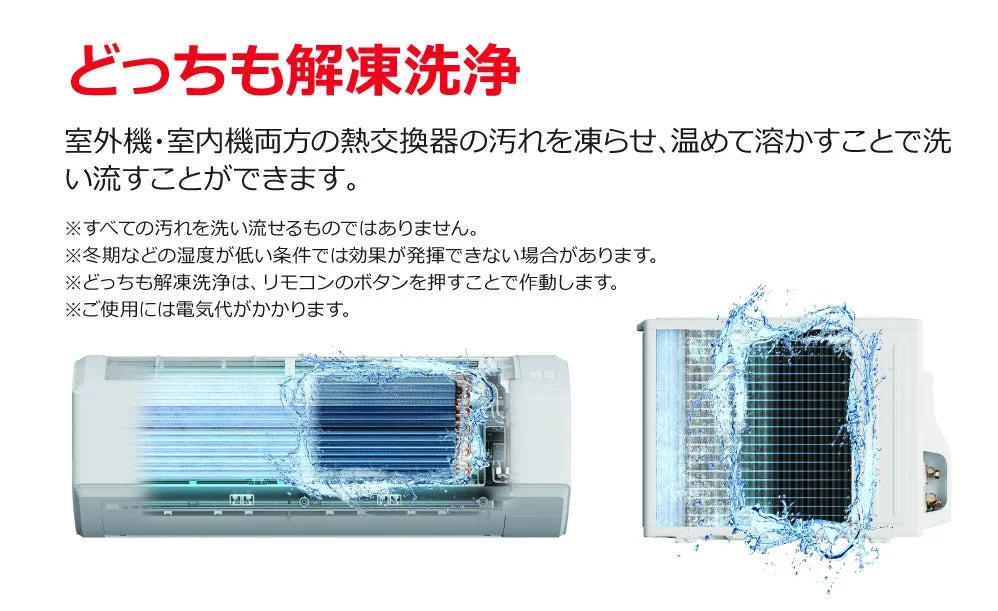 エアコンの室内機と室外機の熱交換器の汚れを凍らせて溶かし洗い流す「どっちも解凍洗浄」機能