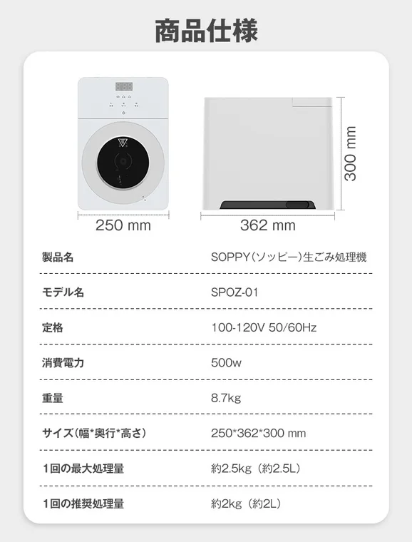 SOPPY 家庭用生ごみ処理機の商品仕様