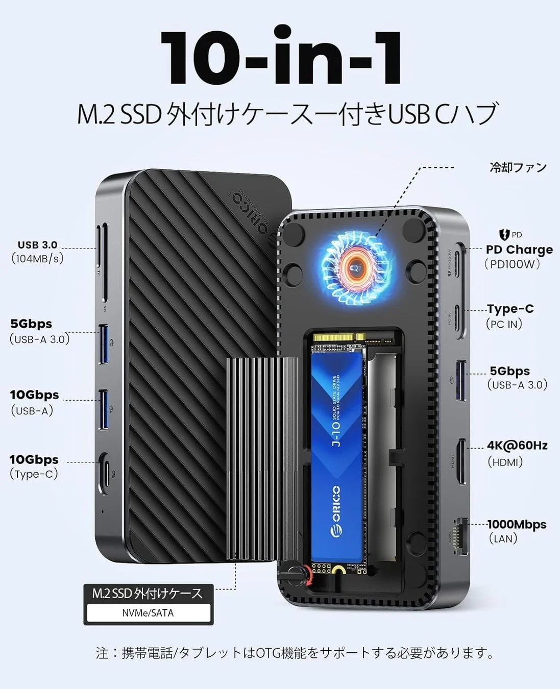ORICO 10-in-1 M.2 SSD ドッキングステーションのポート詳細