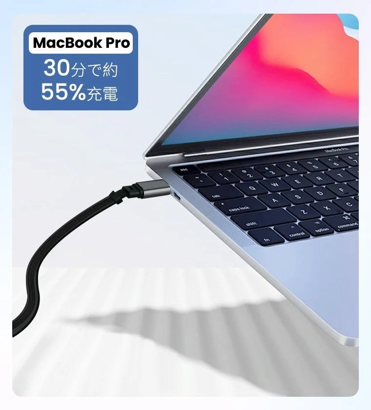 MacBook Proが充電ケーブルに接続されている様子で、30分で約55%充電できる急速充電性能が強調されています。