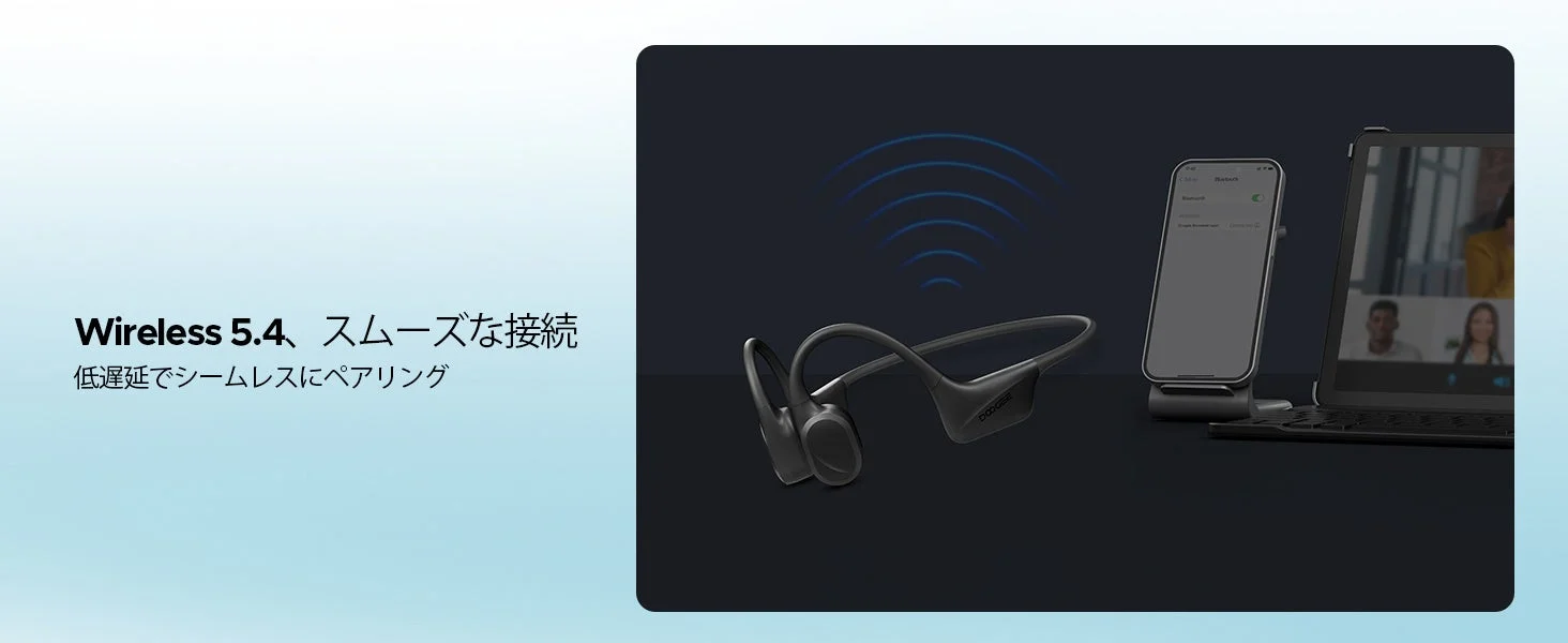 Bluetooth 5.4対応の骨伝導ヘッドホンとスマートフォン