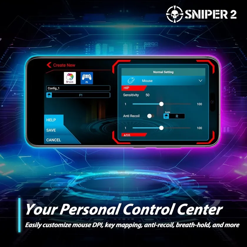 ゲーム「SNIPER 2」のパーソナルコントロールセンター画面で、マウスDPI、キーマッピング、アンチリコイルなどの詳細なゲーム設定をカスタマイズできる様子が描かれています
