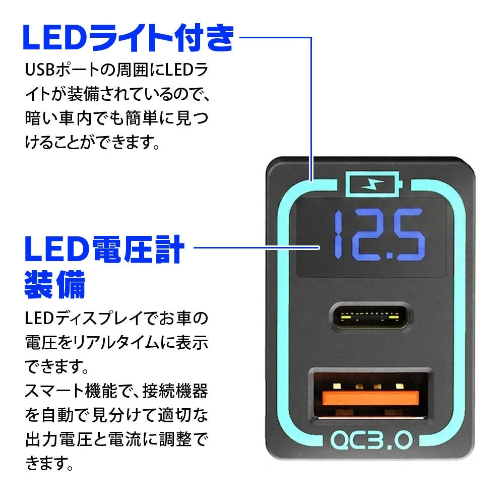 LEDライト付きUSBポートとLED電圧計