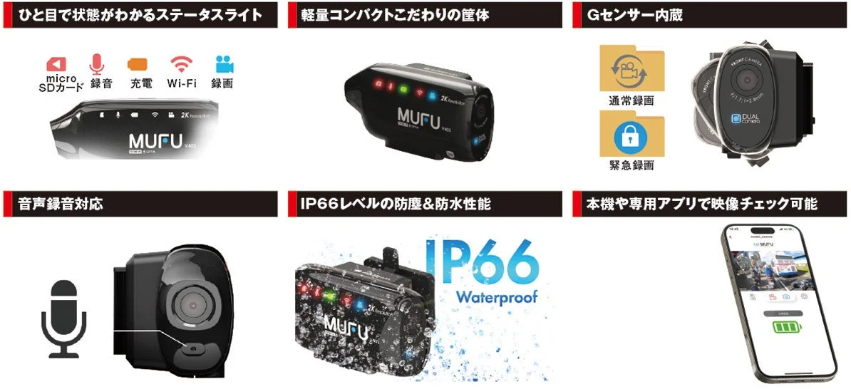 MUFU V40Sデュアルカメラの紹介。2K解像度、Gセンサー内蔵、IP66防水防塵、音声録音対応で、専用アプリから映像確認可能。ステータスライトで状態も一目瞭然。