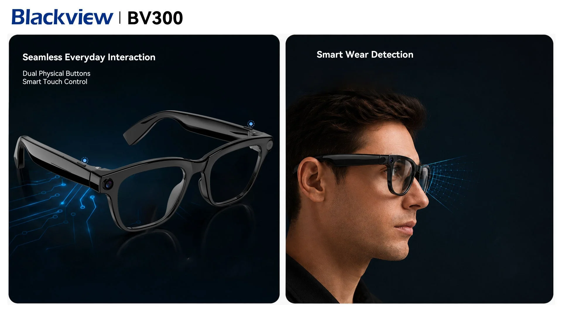 Blackview BV300スマートグラスの製品紹介画像。シームレスな日常インタラクションのための物理ボタンとスマートタッチコントロール、そしてスマートウェア検出機能が特徴です。男性が装着している様子も示されています。