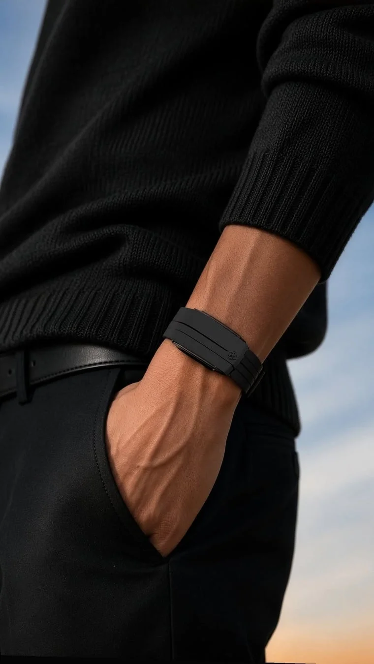 黒いセーターを着た人物の腕に黒いブレスレット