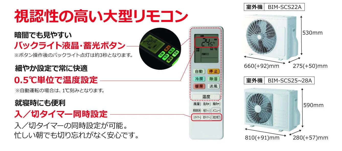 エアコンの大型リモコンと室外機の製品情報