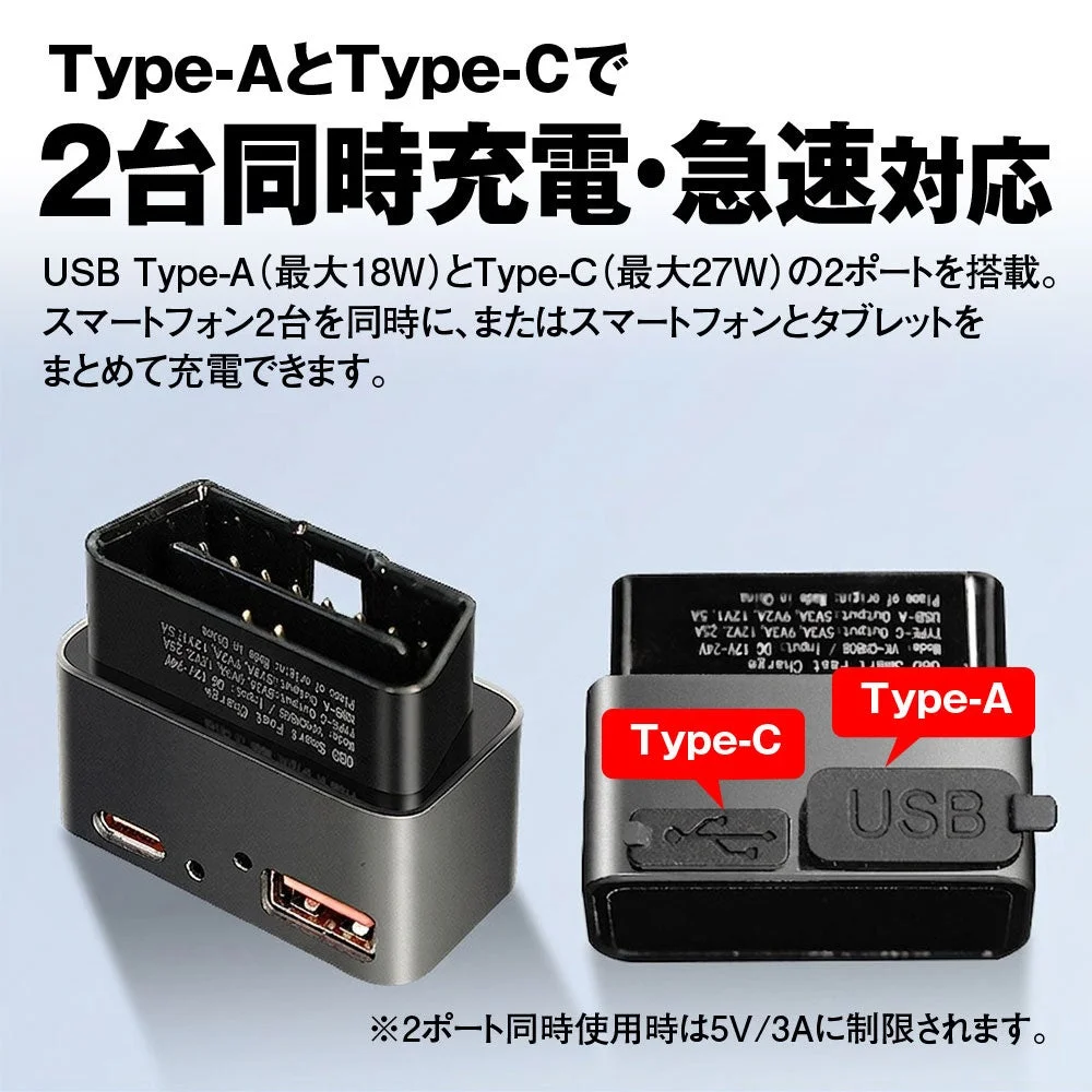 Type-AとType-Cで2台同時充電・急速対応