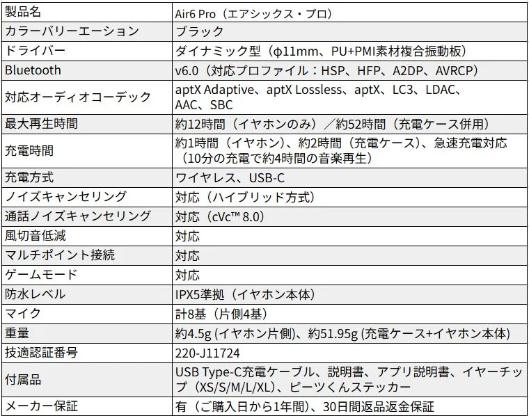 Air6 Pro 製品仕様