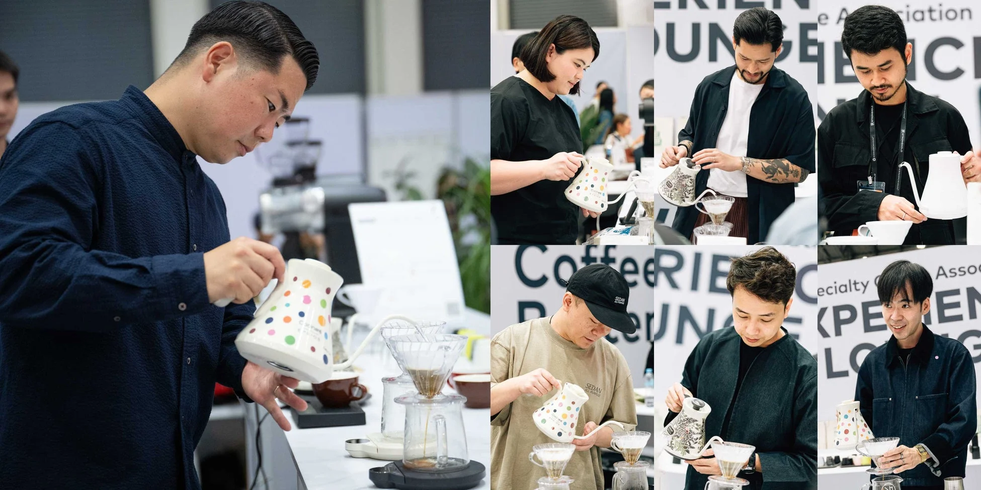 コーヒーイベントでハンドドリップコーヒーを淹れる人々