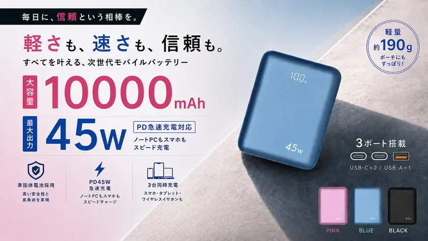 準固体電池採用10,000mAhモバイルバッテリーが登場！PD45W対応で約190g、Makuakeで先行販売開始