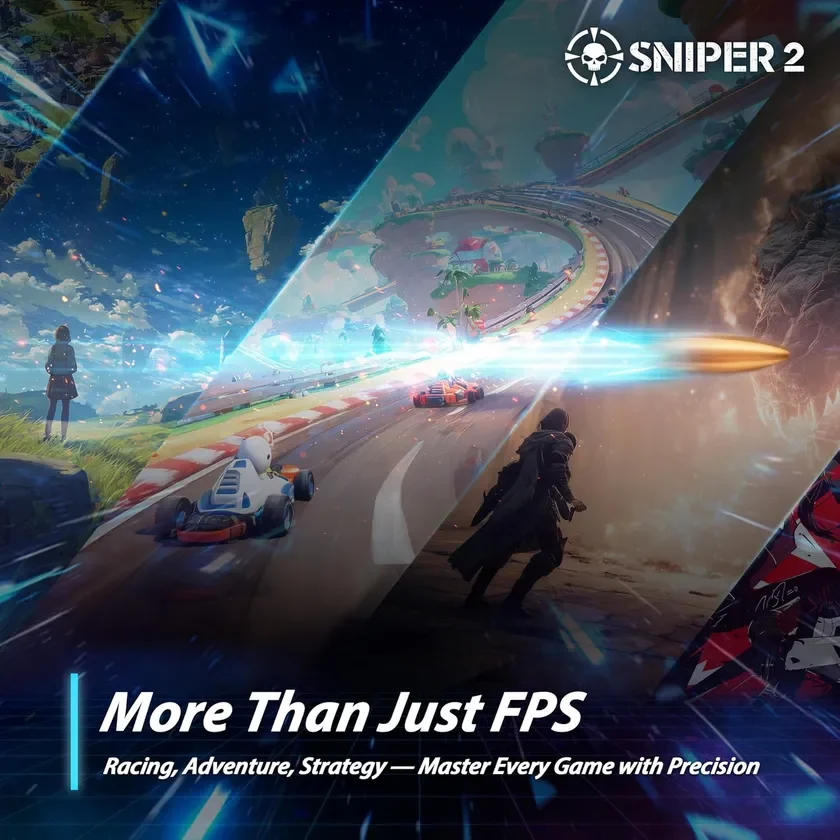 「SNIPER 2」のプロモーション画像。FPSに留まらず、レーシング、アドベンチャー、戦略など複数のゲームジャンルが融合した多様なゲーム体験が提供されることを示唆しています