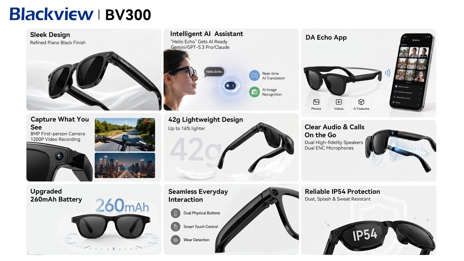 Blackview BV300は、洗練されたデザインのスマートグラスです。AIアシスタント、8MPカメラ、軽量設計、IP54防水防塵、高音質オーディオ、260mAhバッテリーを搭載し、日常使いに適した多機能ウェアラブルデバイスです。