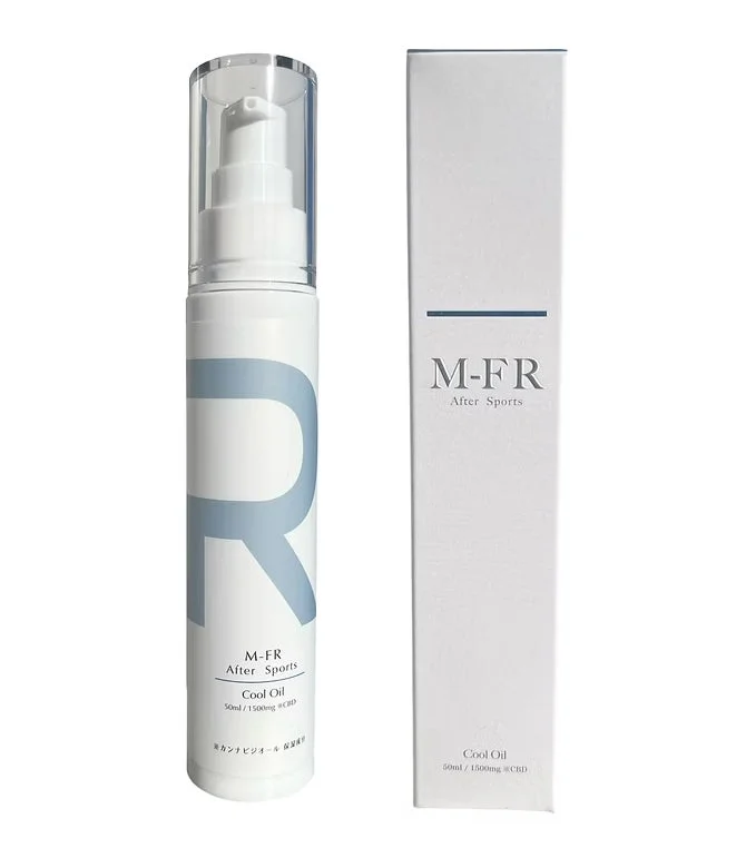 白いポンプボトルと箱に入った「M-FR After Sports Cool Oil」の製品画像です。CBD1500mg配合のクールオイルで、スポーツ後のケアや保湿成分として利用されることを示唆しています。
