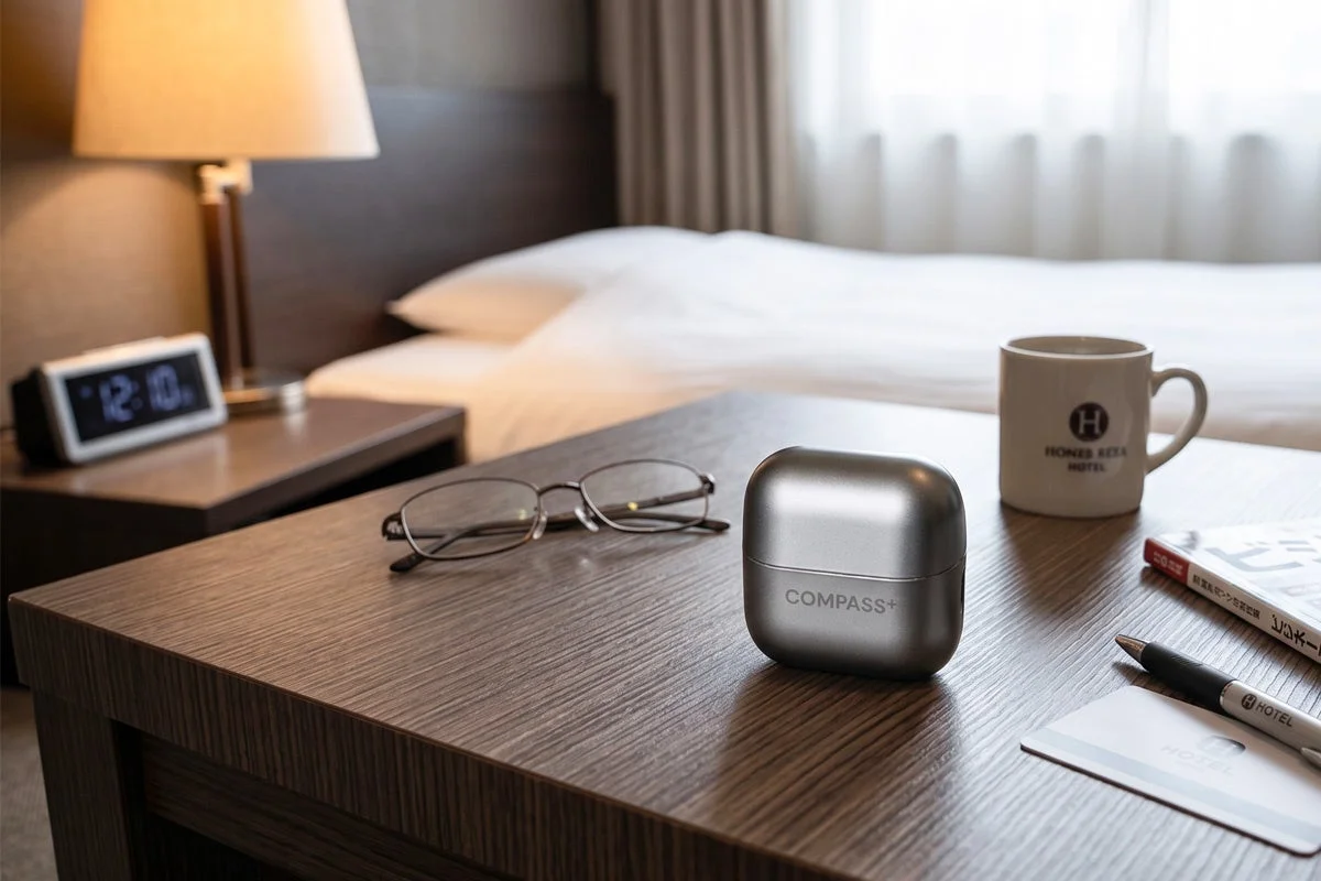ホテルの客室のテーブルに、眼鏡、COMPASS+と書かれたデバイスなどが置かれている