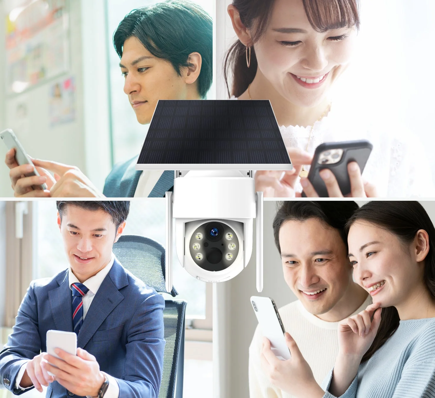 ソーラーパネル付きの防犯カメラを中心に、様々な人々がスマートフォンを操作している様子