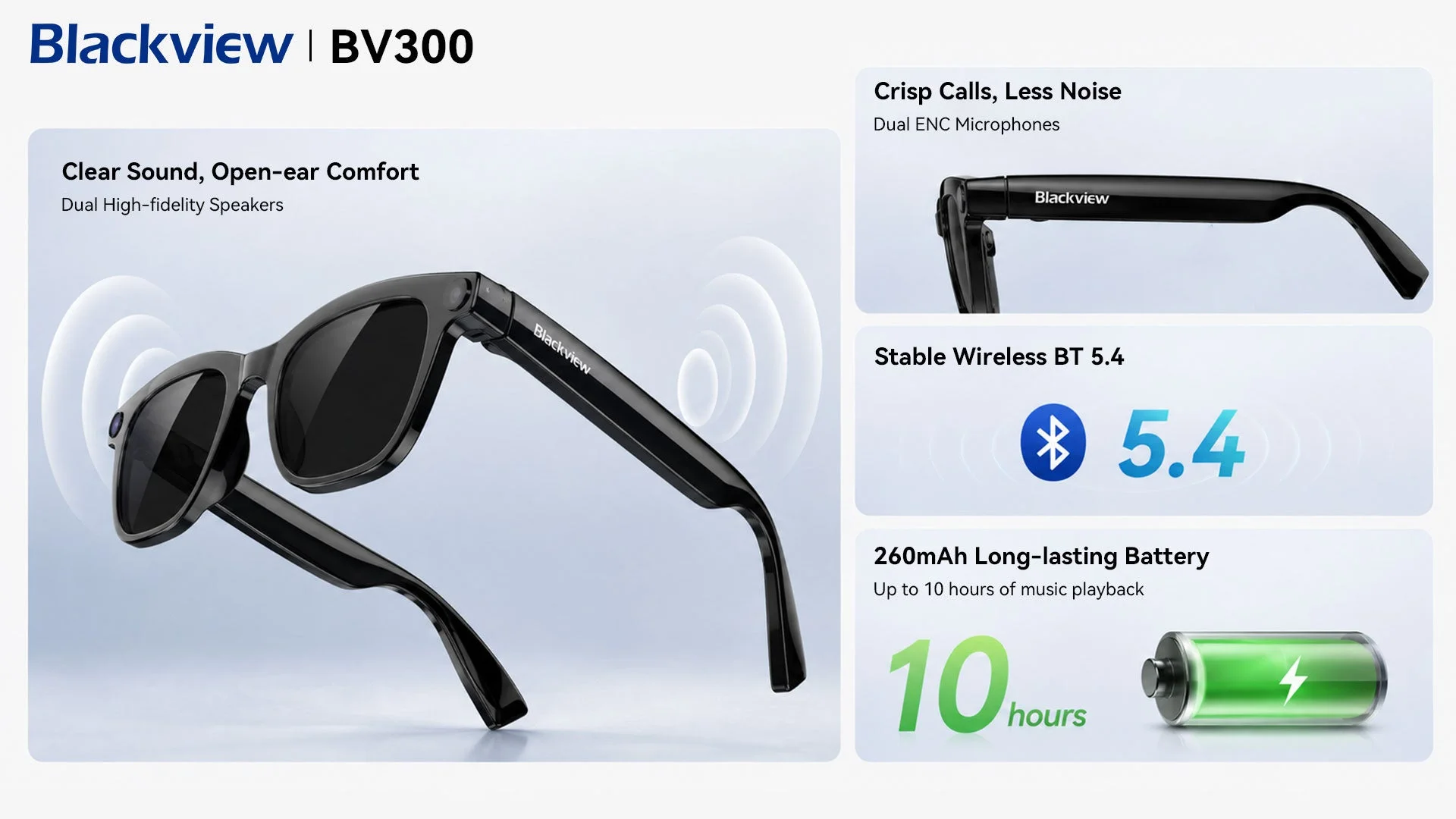 Blackview BV300は、クリアなサウンドとオープンイヤーの快適さを提供するスマートグラスです。デュアルENCマイクによるクリアな通話、安定したBluetooth 5.4、最大10時間再生可能な長持ちバッテリーを搭載しています。