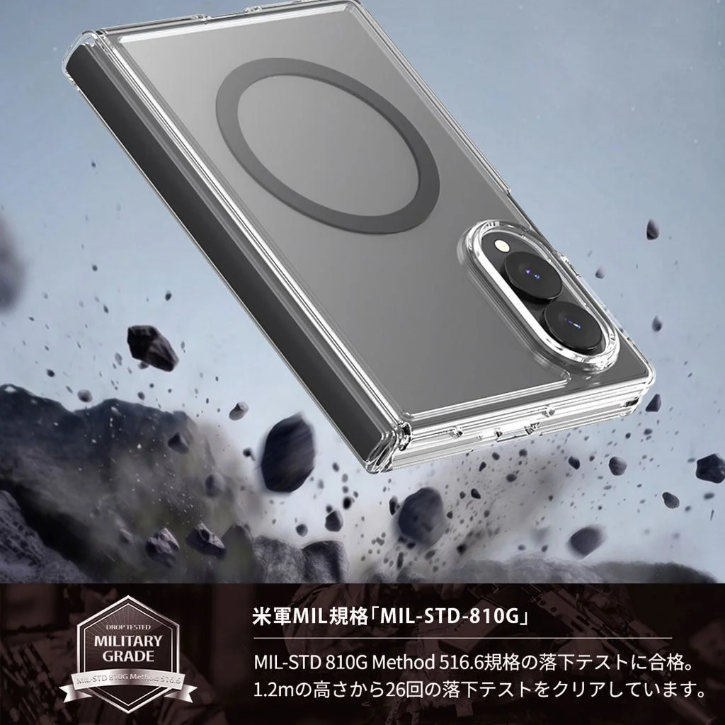 MagSafe対応のクリアなスマートフォンケースが、落下衝撃に強いことをアピールしています。米軍MIL規格の落下テストに合格し、1.2mからの26回落下をクリアした高耐久性が特徴です。