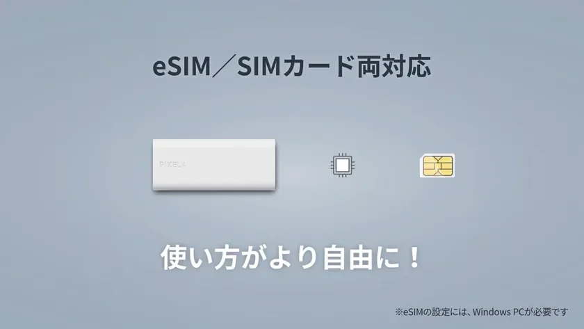 PIXELAのデバイスがeSIMとSIMカードの両方に対応し、より自由な使い方が可能であることを示す画像
