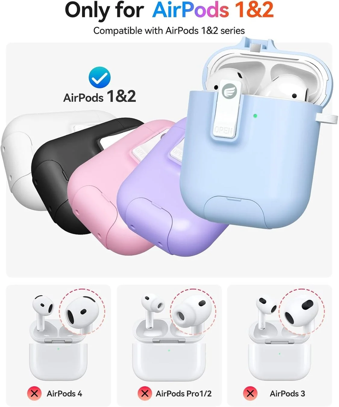 AirPods 1&2専用の保護ケースを紹介する画像です。白、黒、ピンク、紫、水色のカラフルなケースが並び、青いケースにはAirPodsが収納されています。AirPods 4、AirPods Pro 1/2、AirPods 3には非対応であることが示されています。