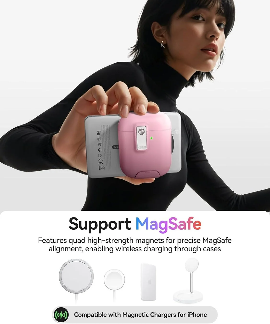 女性がスマートフォンの背面にピンクのMagSafe対応ワイヤレスイヤホンケースを装着している画像。MagSafe対応のワイヤレス充電機能と互換性のある充電器が紹介されています。