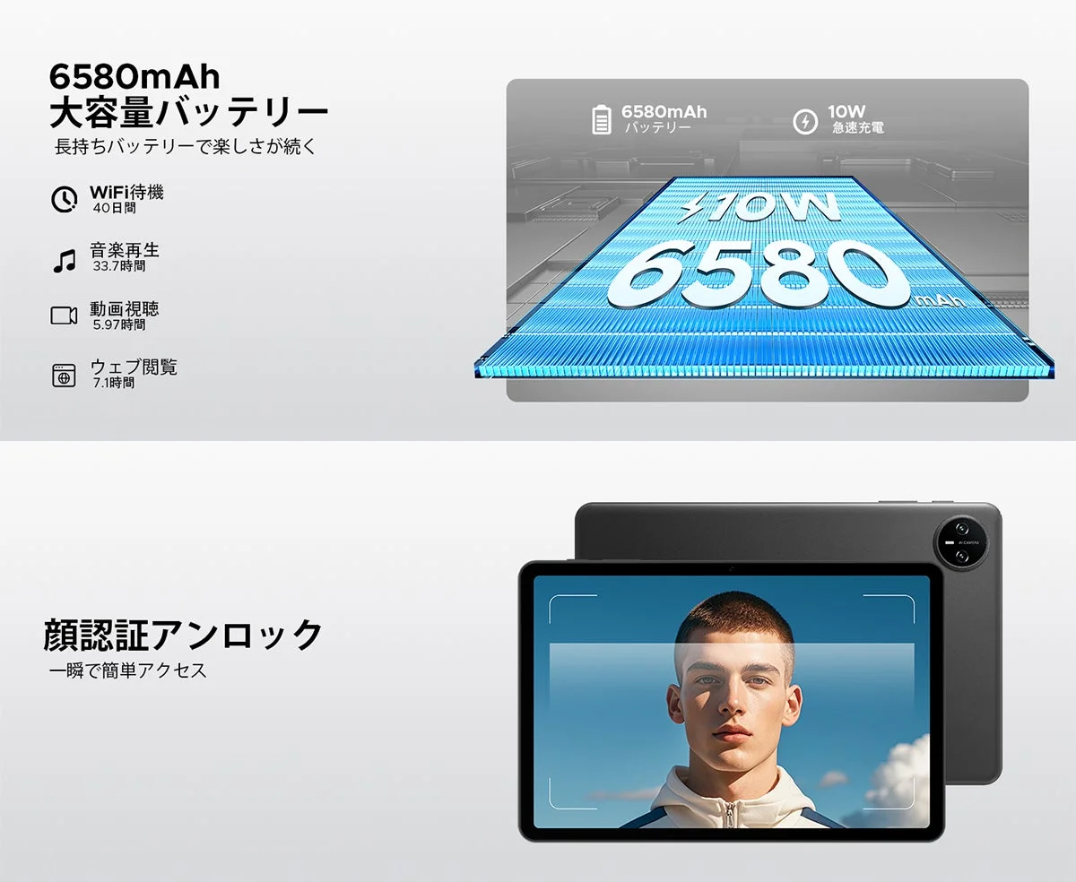 6580mAh大容量バッテリーと顔認証