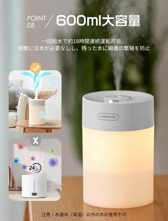 600mlの大容量加湿器