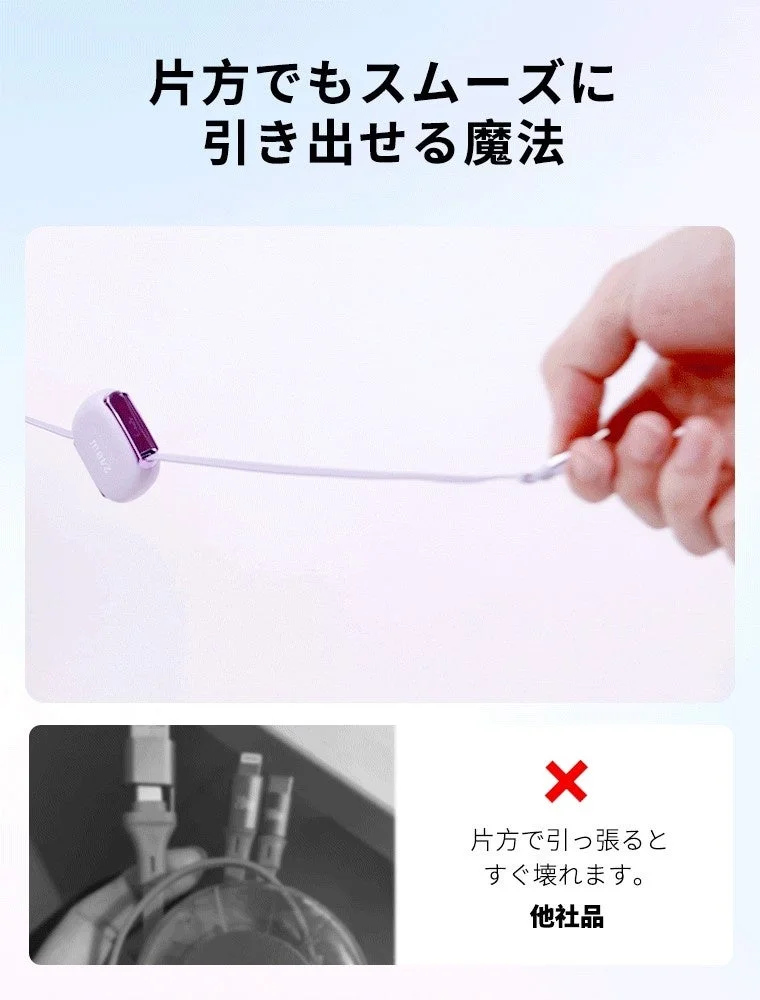 片手でもスムーズに引き出せるリール式ケーブルデバイス「mouz」を紹介する画像です。従来の製品が片方から引っ張ると壊れやすいのに対し、この製品は耐久性と利便性を強調し、絡まりやすいケーブルの問題を解決するメリットを伝えています。