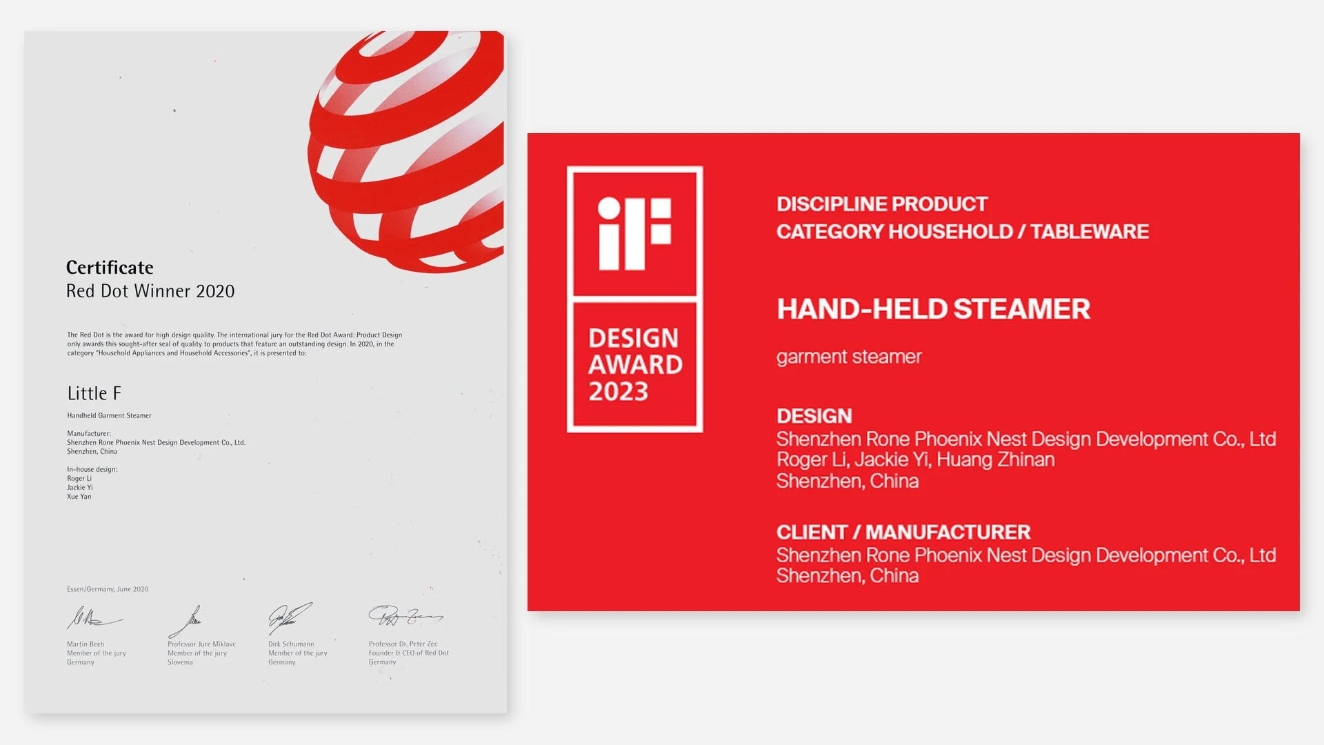 Red Dot AwardとiF DESIGN AWARDの受賞証明書