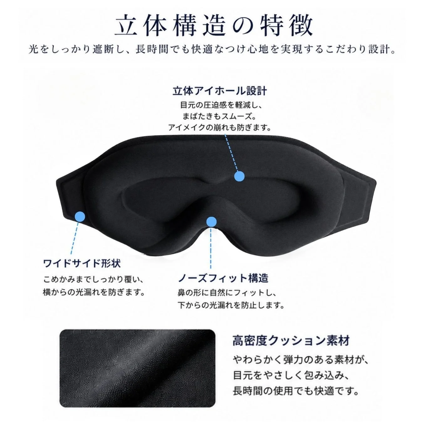 光をしっかり遮断する立体構造のアイマスク。立体アイホール設計で目元を圧迫せず、まばたきやメイク崩れも防止。