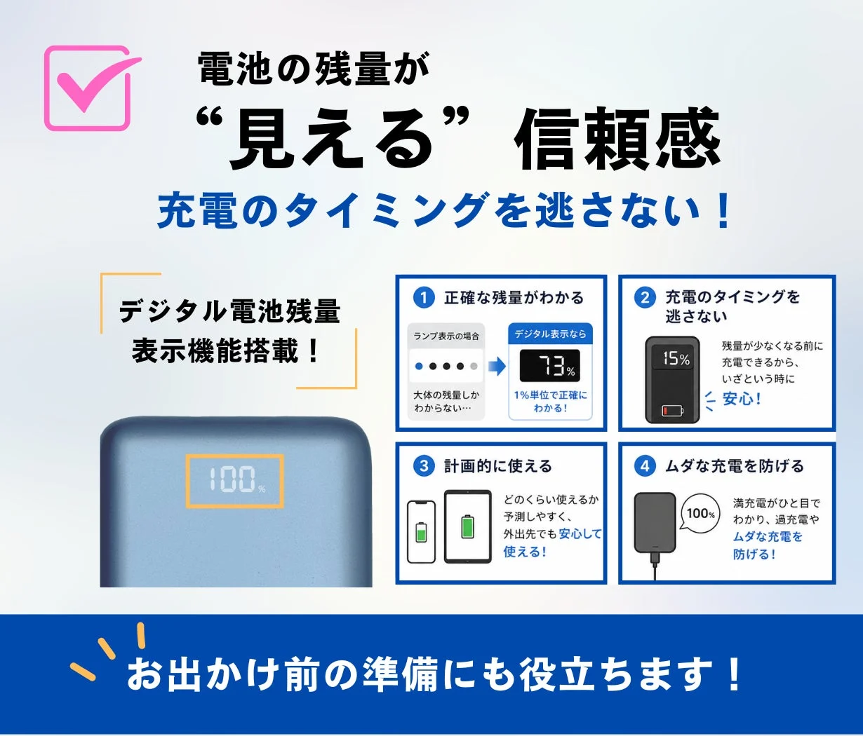 デジタル表示で電池残量が“見える”信頼感